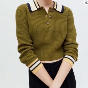 BDG Urban Outfitters Olive Green Shaker Knit Cropped Collared Polo Sweater